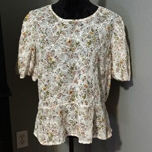 Peach Blouse Women's 2X Floral‎ Embroidered Peplum Top Cream Short Puff Sleeve
